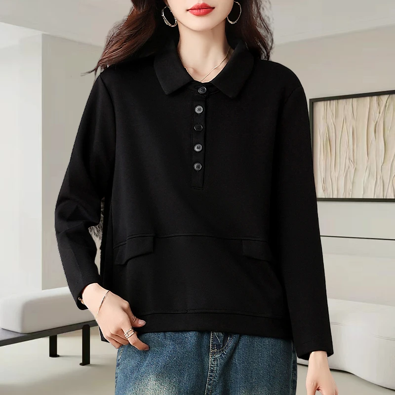 黑色翻领长袖T恤女士秋季2025新款时尚减龄宽松显瘦休闲气质上衣