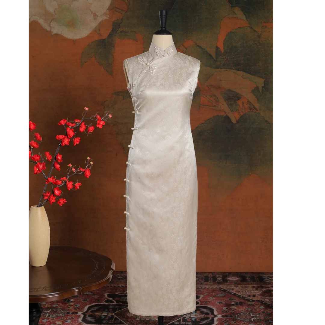 女神姑娘新品[玉洁]织金细锦小草纹双层无袖古法开襟旗袍N50537-3