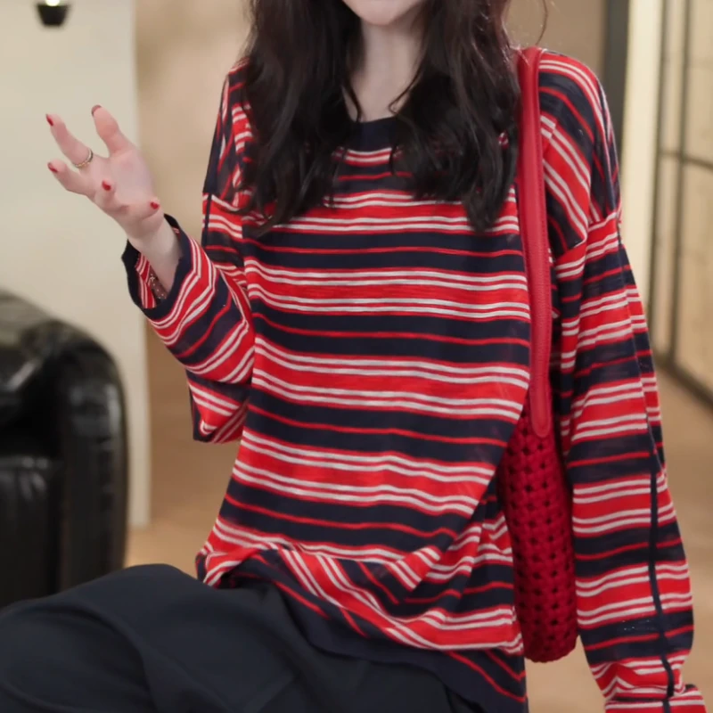 2025春夏新款设计感撞色条纹圆领长袖针织衫LK2503285