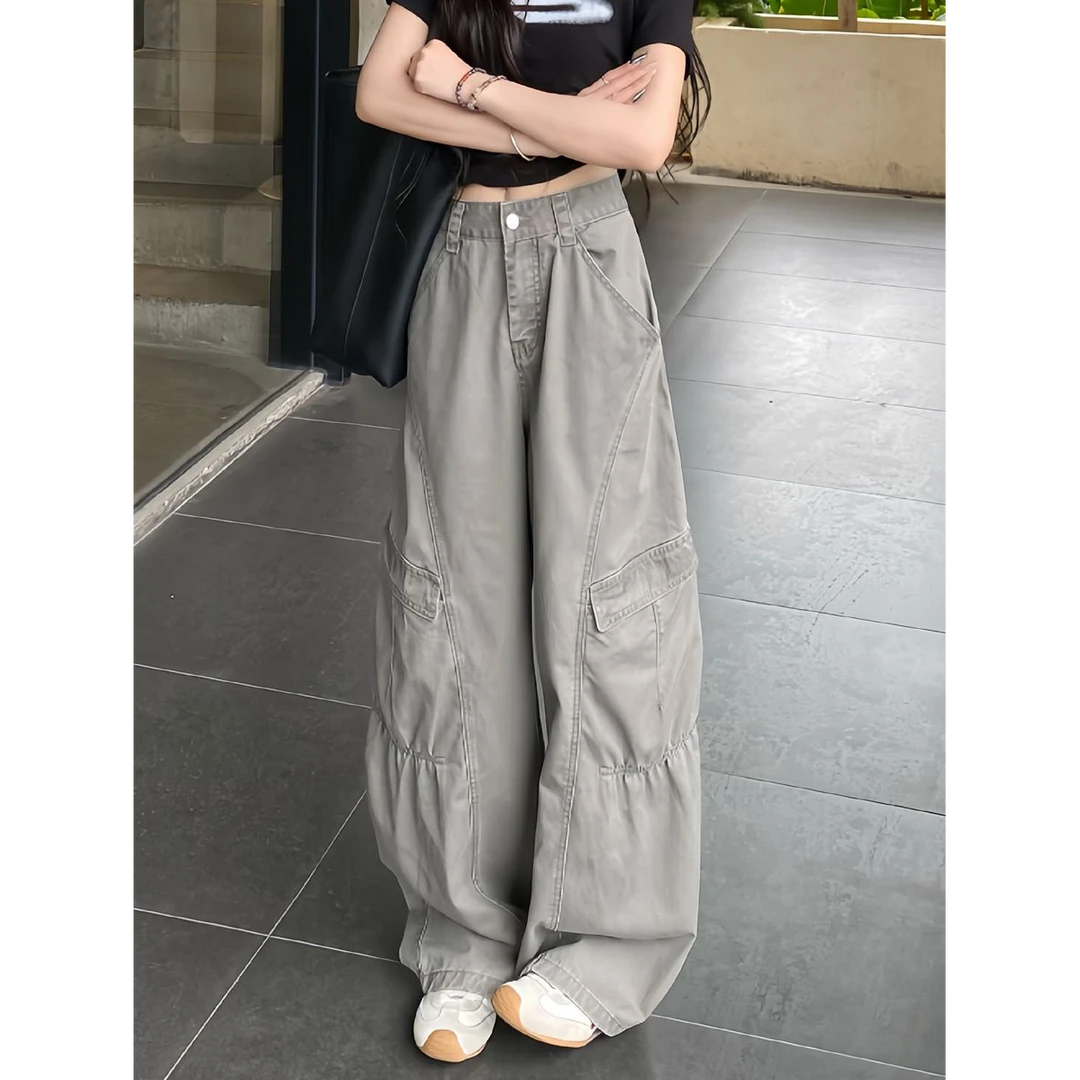 小个子工装裤145-150美式复古阔腿牛仔裤女高腰宽松显瘦拖地长裤