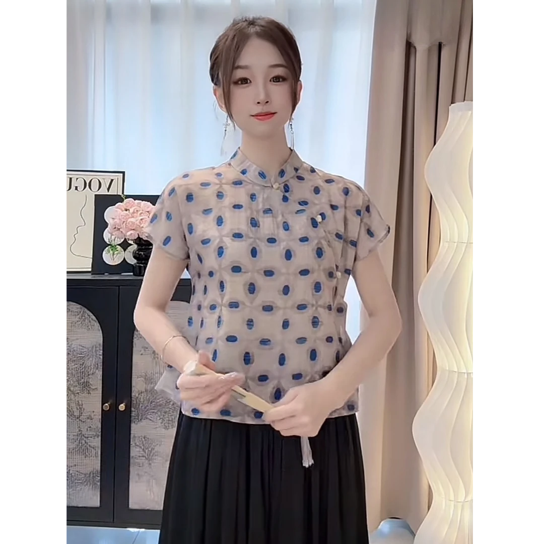 夏季新款国风复古中式上衣女飞飞袖气质时尚斜襟小衫9635