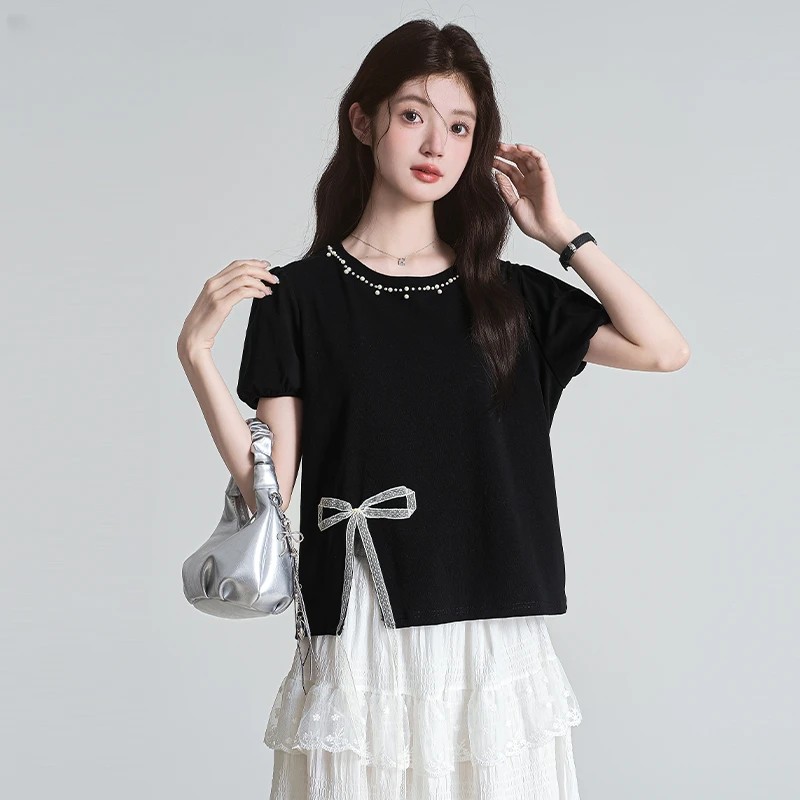帛卡琪2025夏季新款法式黑色休闲圆领短袖T恤女宽松开叉上衣