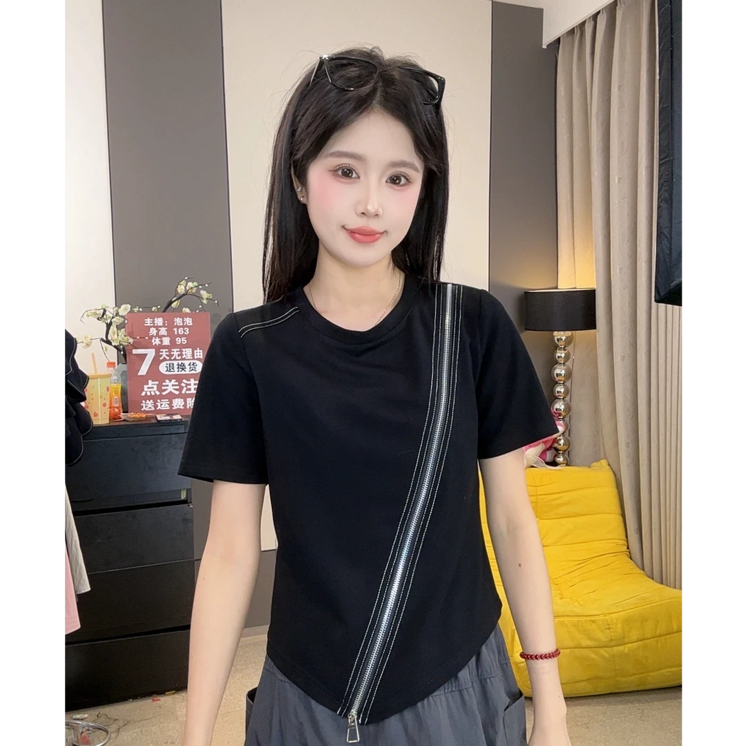 【蔡小姐】夏装街头女装c超火不规则下摆中长款拉链拼接宽松短袖T恤