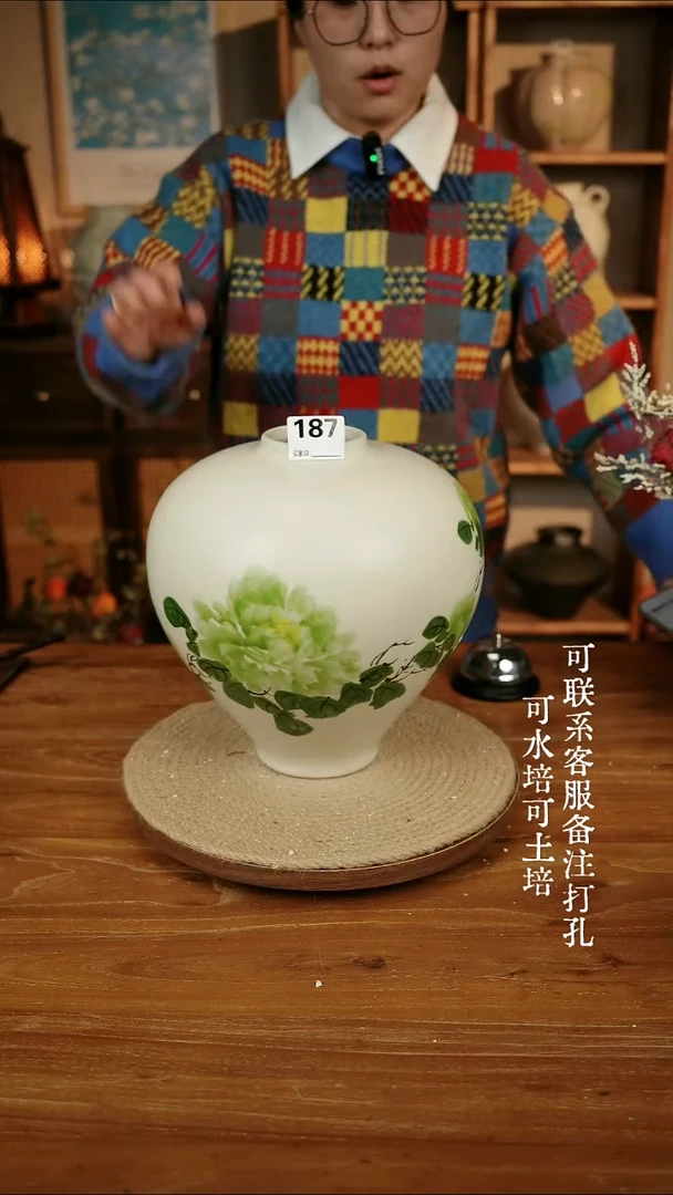 摆件187绿色手绘大肚瓶可水培可土培