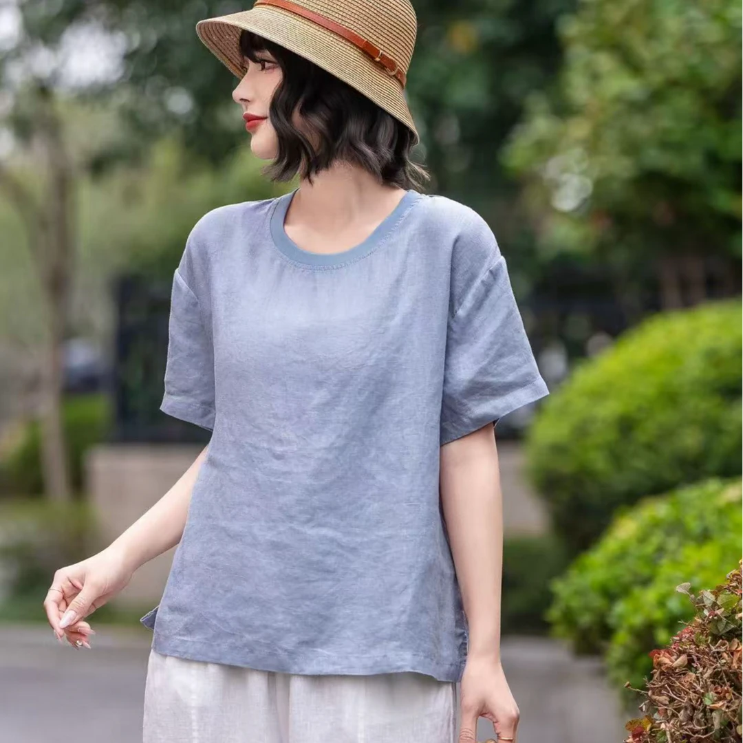YIWEN 色织纯亚麻净版圆领休闲小衫 1100