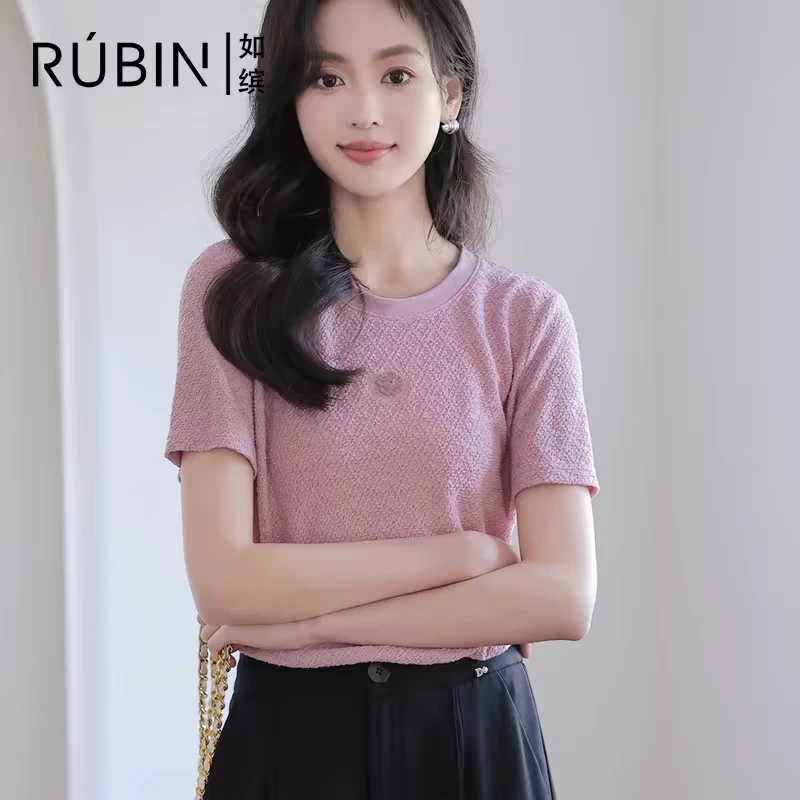 如缤RUBIN2024夏季款正品女装圆领时尚轻薄短袖上衣6L21T61223