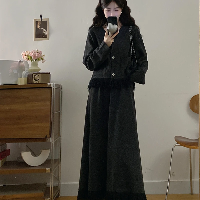 秋冬新款胖mm大码女高级感慵懒风流苏拼接外套半身裙套装23302