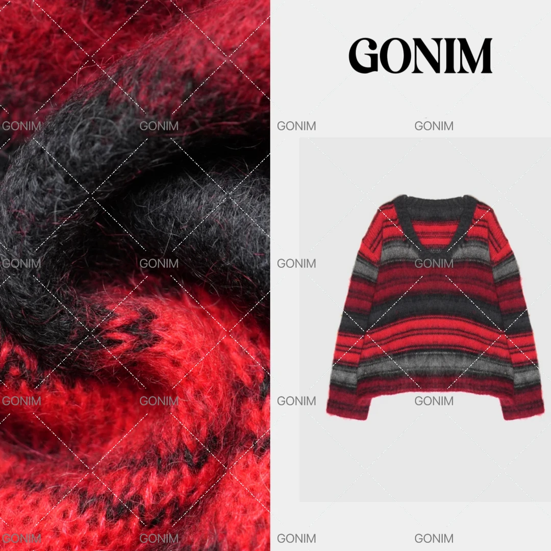 Gonim·"红朗姆酒”2024冬季新款复古高级感衣红色条纹毛针织衫女