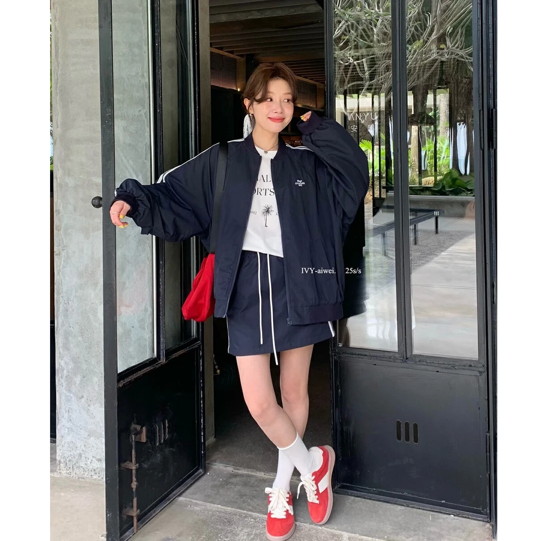 2025早春新款时尚套装长袖蓝色休闲外套上衣高腰短裙两件套女