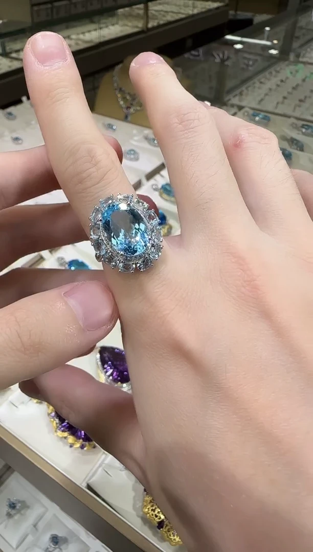 银S925镶嵌戒指托帕石10*14mm