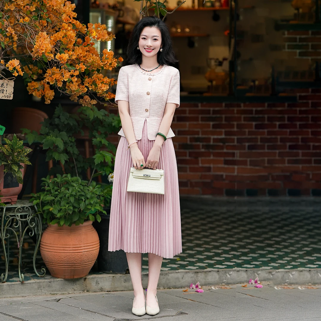 西子/【香榭丽影】醋酸亚麻假两件拼接贵气小香风连衣裙/CQTJ004