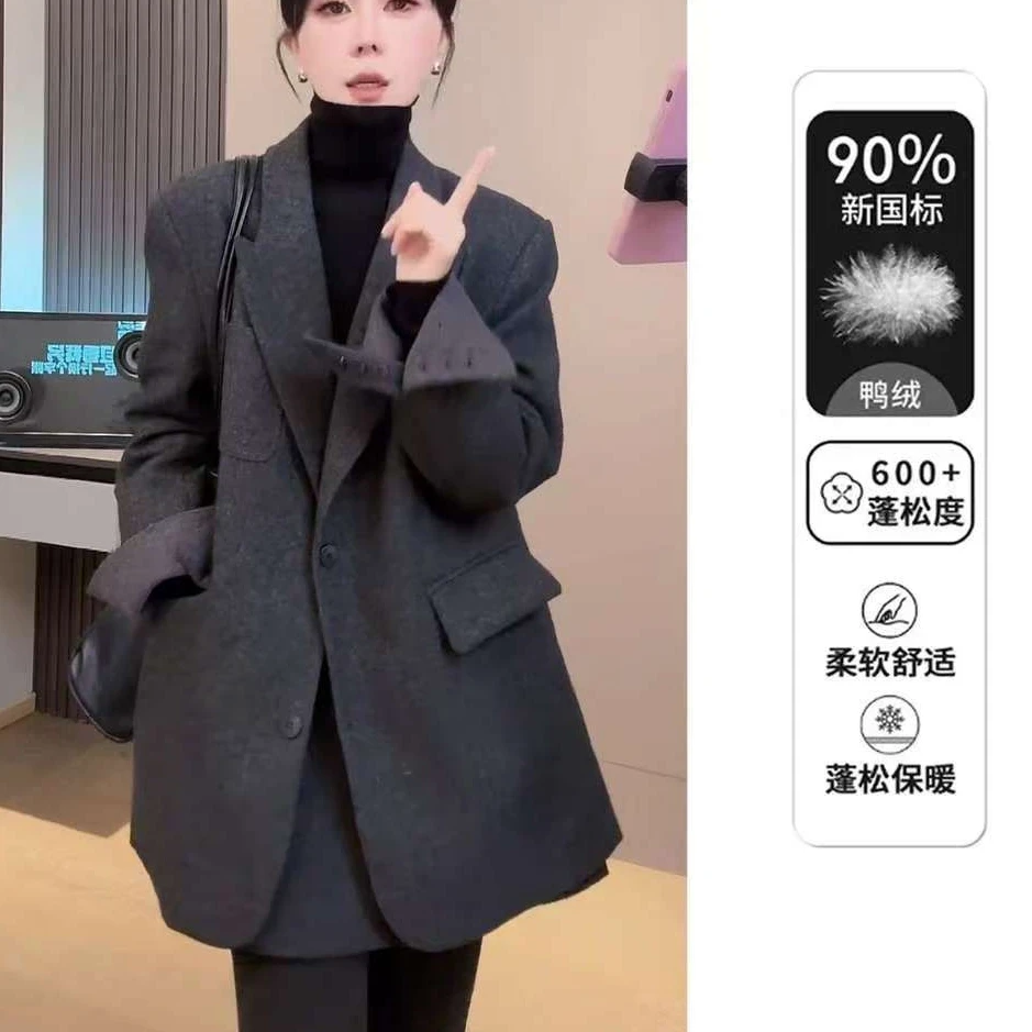 【欲望都市】时尚休闲加厚羽绒西装羊毛外套女宽松保暖羽绒服女