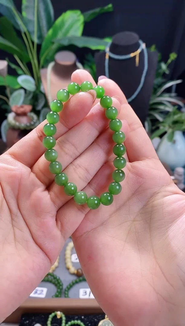 【闪购商品】和田玉（碧玉）手链未镶嵌精品8m俄料微猫菠菜绿碧玉手串