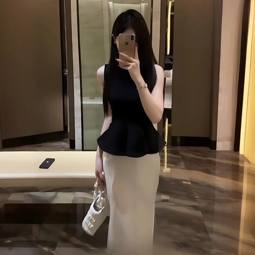 休闲风时尚套装套装无袖气质西装包臀女装夏季开叉半身裙