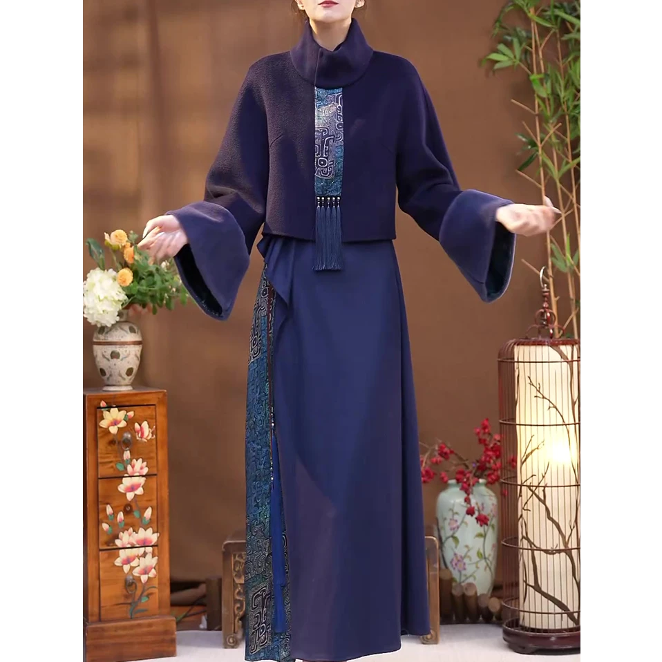 新中式国风复古套装女2025秋冬新款宽松显瘦减龄文艺外套+连衣裙