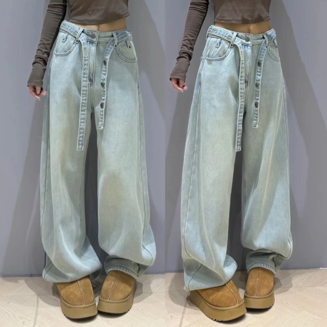 2025春秋阔腿牛仔裤女春季薄款小众垂感水洗休闲裤宽松直筒裤568#