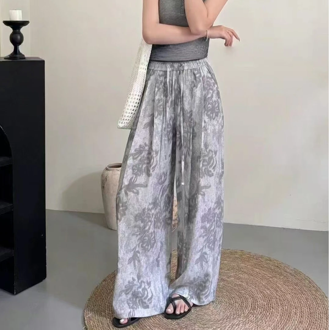 【裤长101-105】亚麻轻薄透气松紧腰直筒裤印花扎染显瘦休闲裤8663