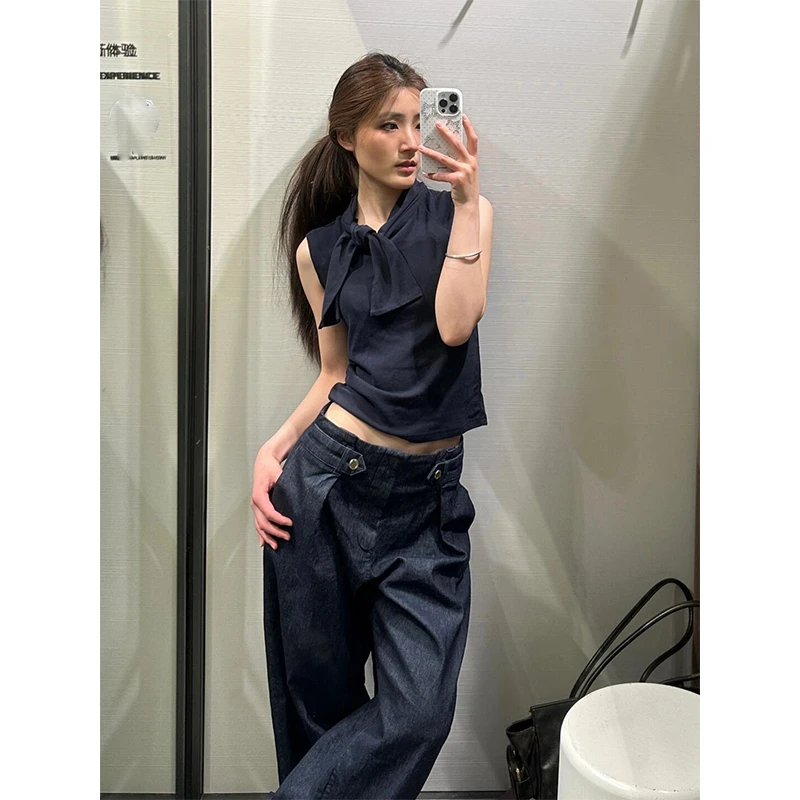 千金清冷感贵系衣服2025夏季系带无袖修身显瘦上衣直筒百搭休闲裤