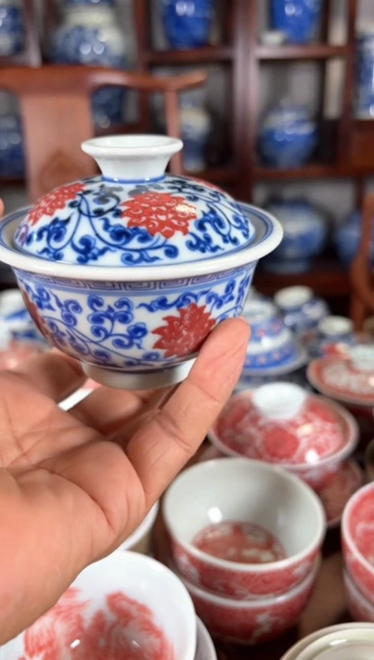 柴窑青花釉里红永乐盖碗