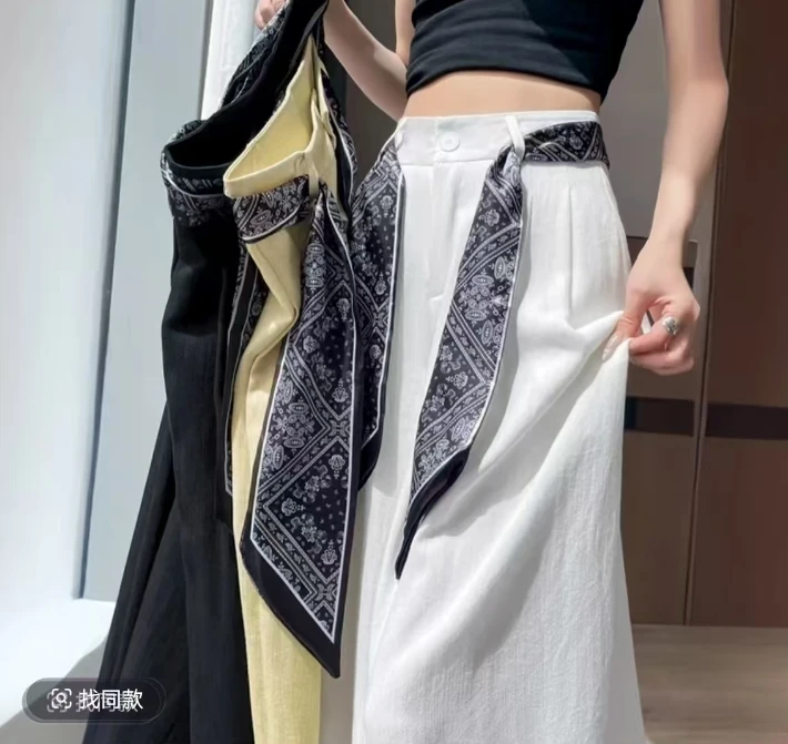 【现货+运险+丝巾】棉麻冰丝裤子女薄款2025直筒宽松西装裤9977