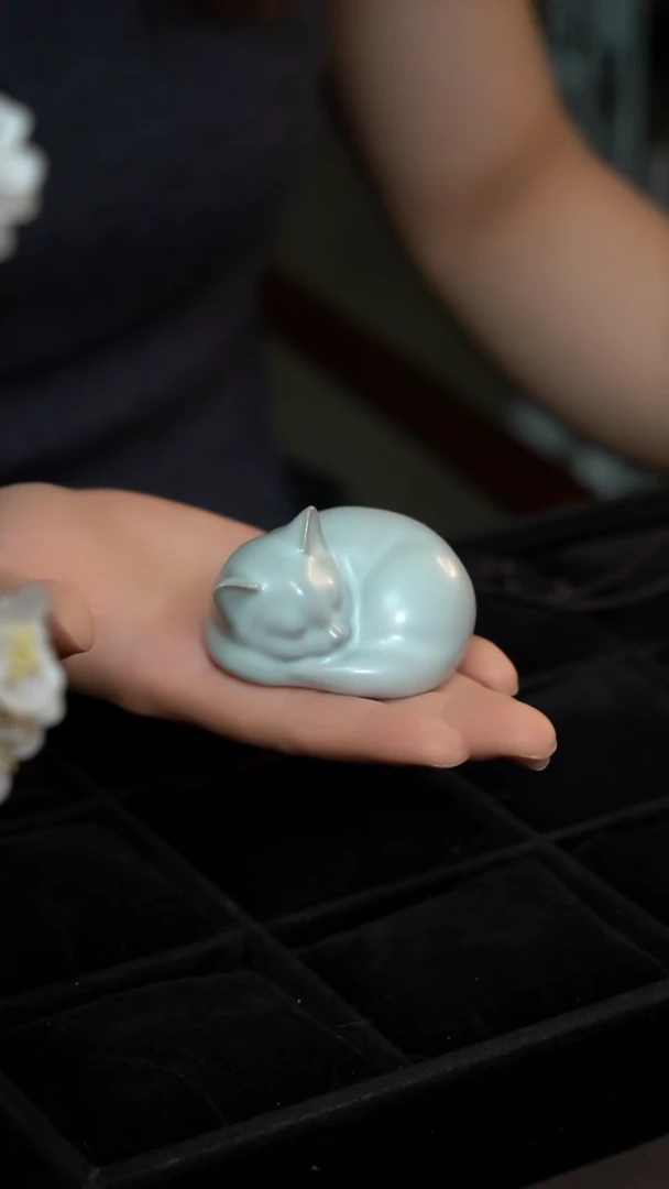 摆件不开片汝瓷瞌睡猫摆件
