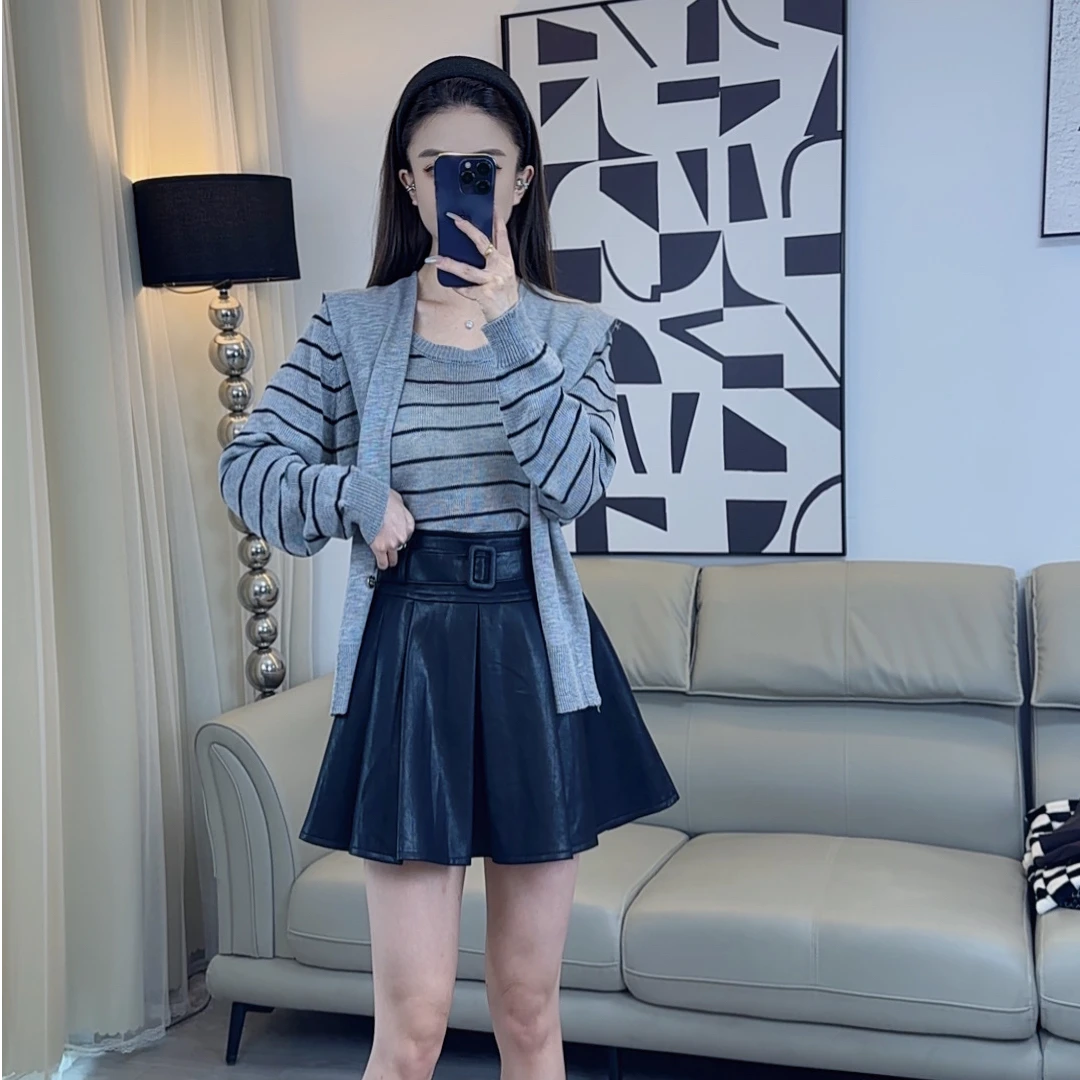 秋季新品显瘦百褶皮裙小个子高腰半身裙