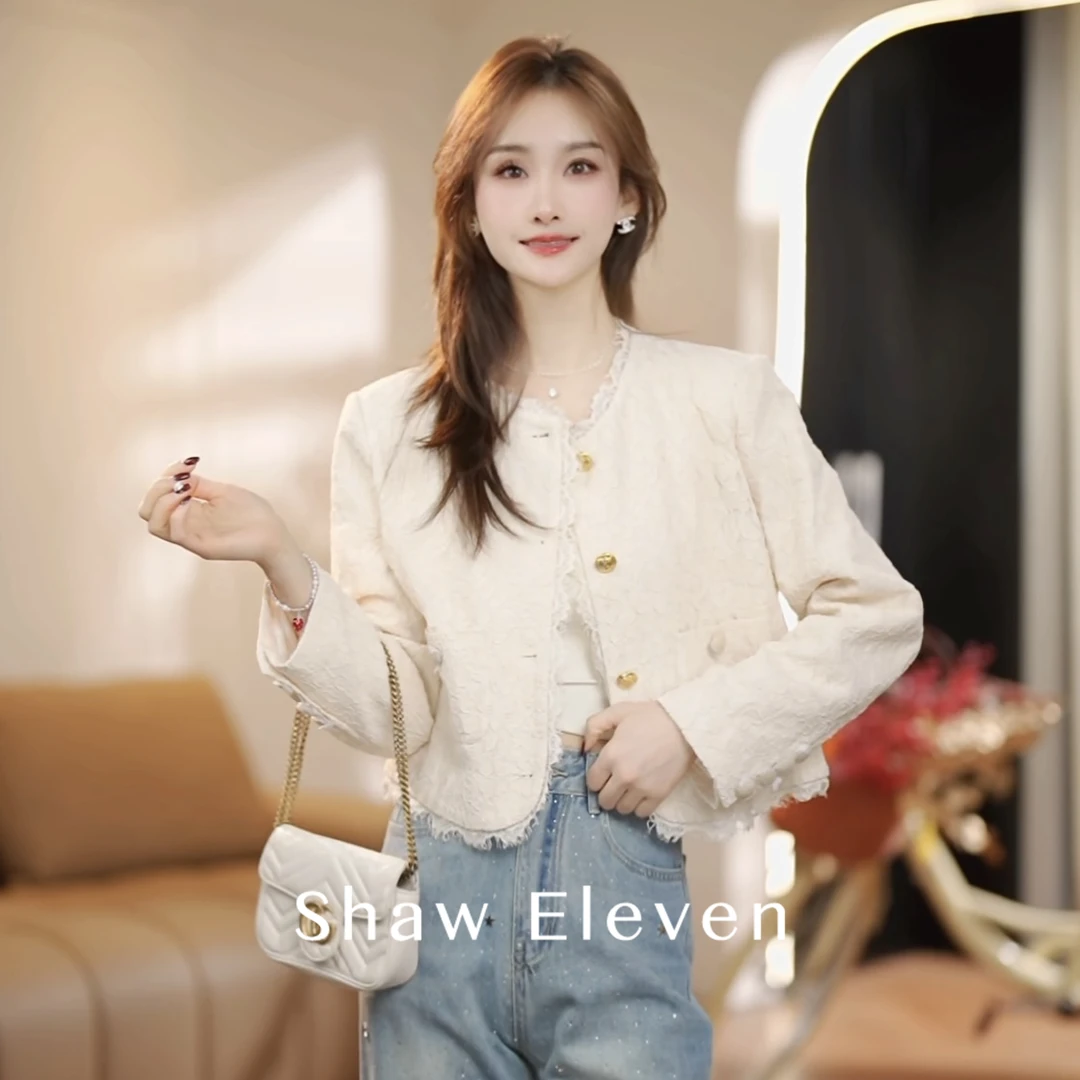 新品【Shaw Eleven】2025春女装圆领提花蕾丝长袖外套小香风2531