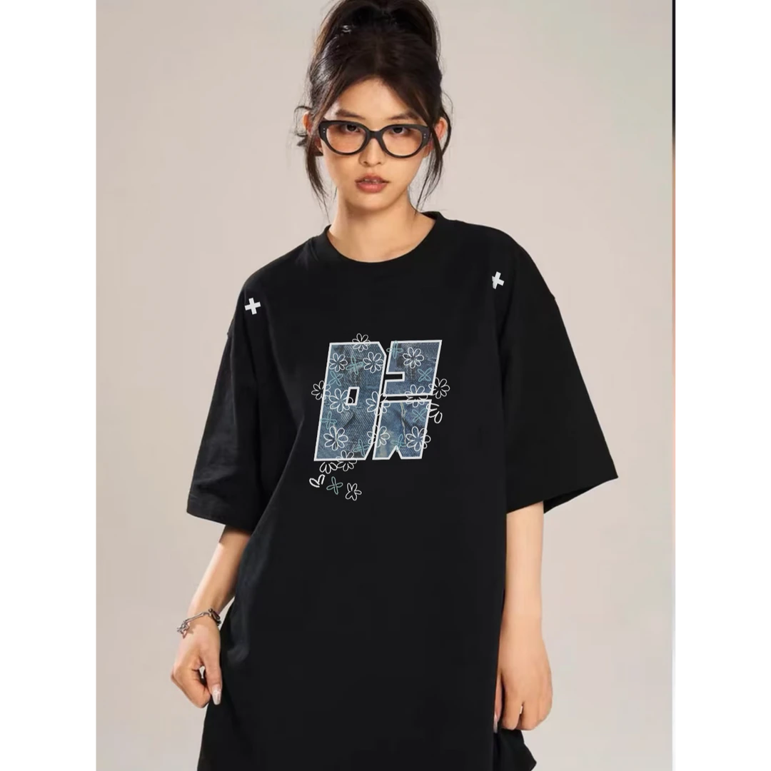 百搭穿搭新款黑色纯棉时尚短袖T恤ins女宽松圆领半袖情侣复古上衣