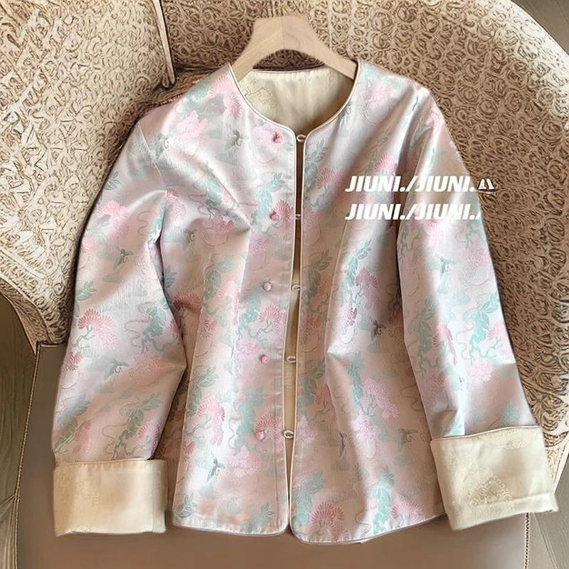 9548新中式提花盘扣圆领外套女新款复古改良旗袍小香风西装上衣女