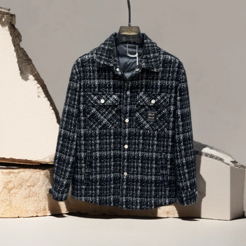 诺顿雷斯欧货时尚潮牌鸭绒内胆男衬衫式外套秋冬新款格子拼接夹克