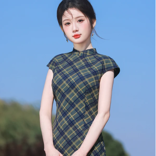 GUXI/故汐中国风气质显瘦格子复古日常夏季长款修身优雅经典旗袍