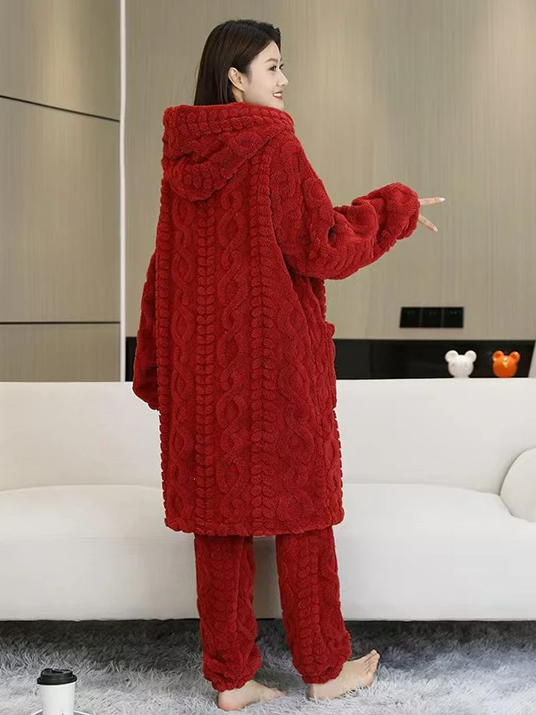 女士中长款加绒加厚连帽大码冬款套装睡衣可外穿睡衣家居服套装