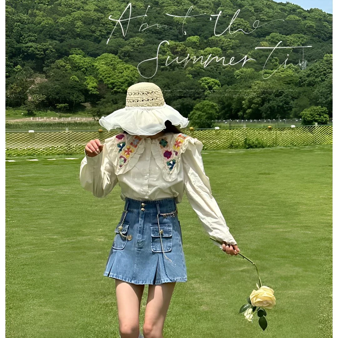 【磊磊】减龄娃娃领衬衫百搭时尚设计感翻领小众提花荷叶领#2322