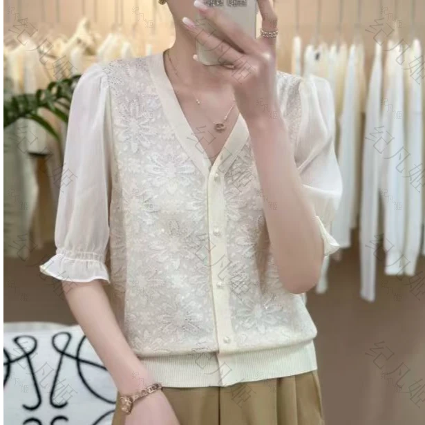 纪凡姬/3993-拼接提花气质烫钻休闲短袖针织开衫