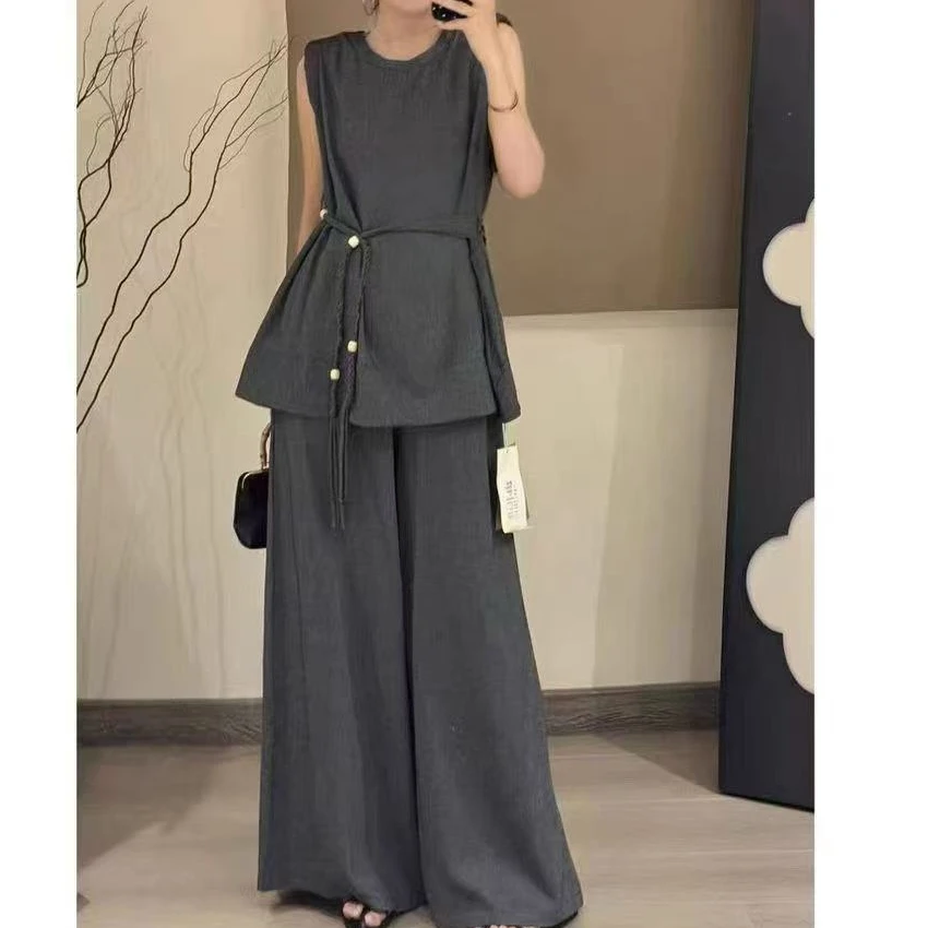 DEZI夏季出行国风无袖系绳时尚小衫加休闲裤女套装LS82601066