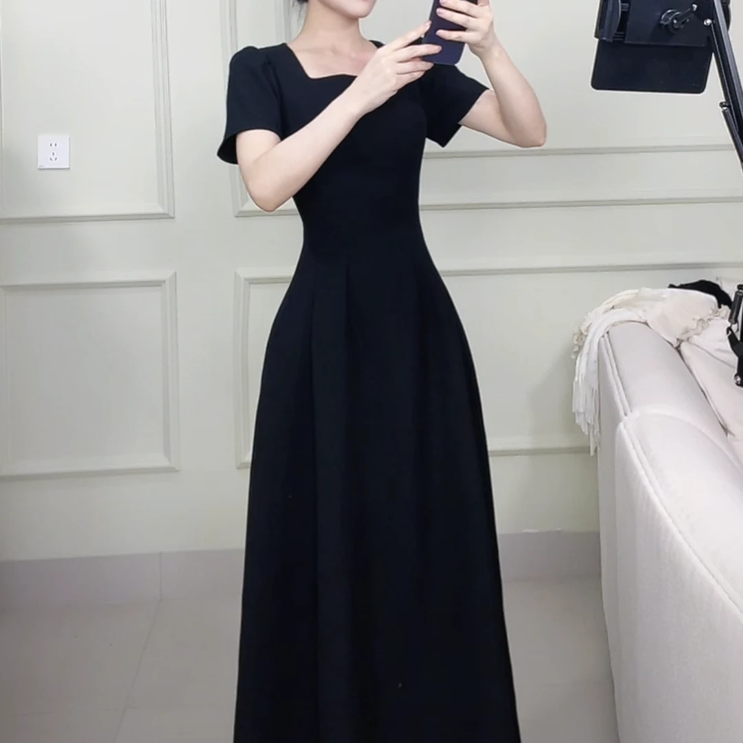 008#宴会裙夏季掐腰显瘦长裙法式长裙赫本风方领连衣裙收腰修身