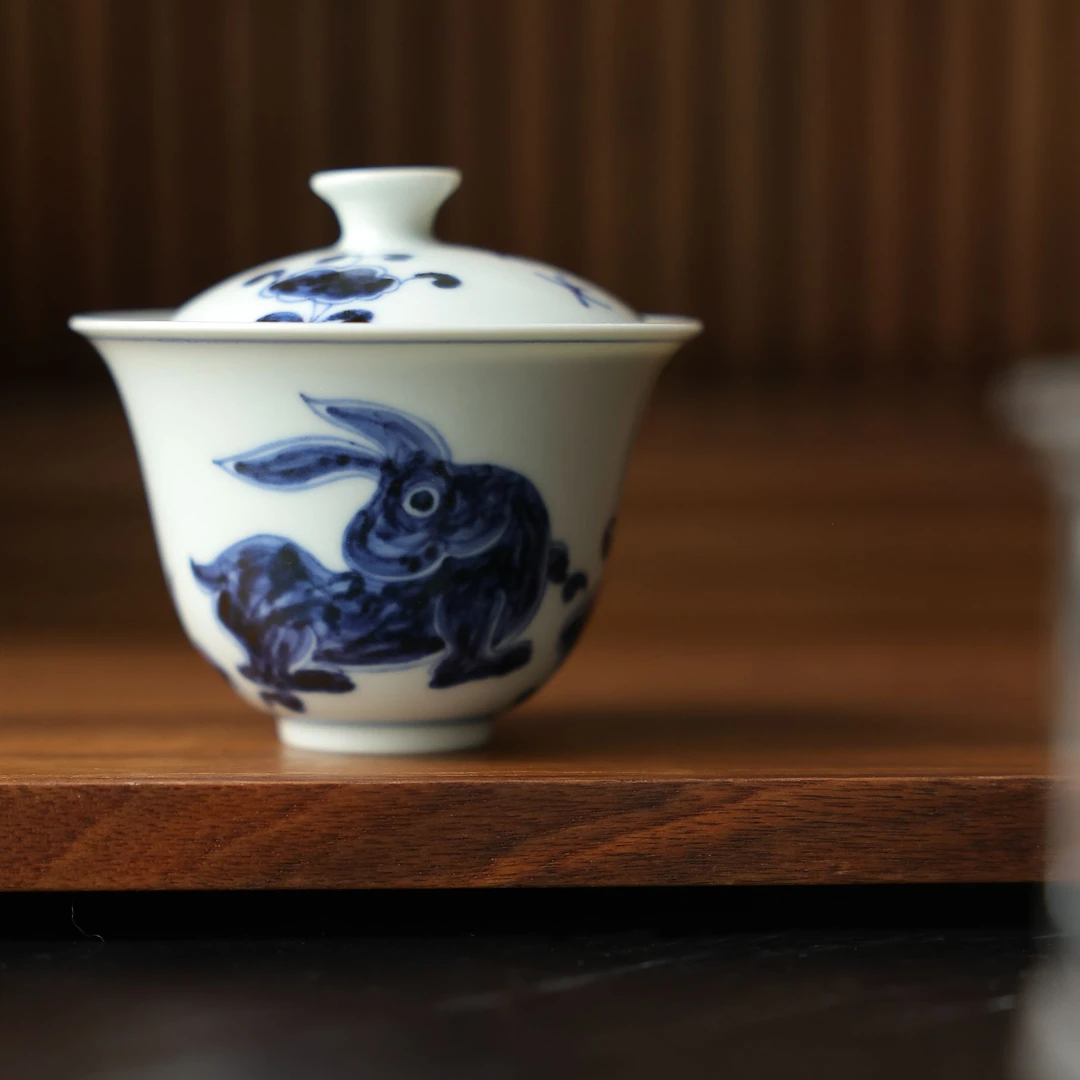 茶圈大魔王茶器景德镇纯手绘元岚堂元青花薄胎玉兔二才盖碗130cc