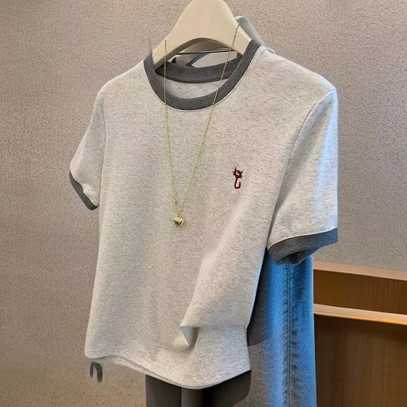 时尚休闲百搭上衣纯棉撞色圆领短袖T恤2025女生短袖多巴胺服装女