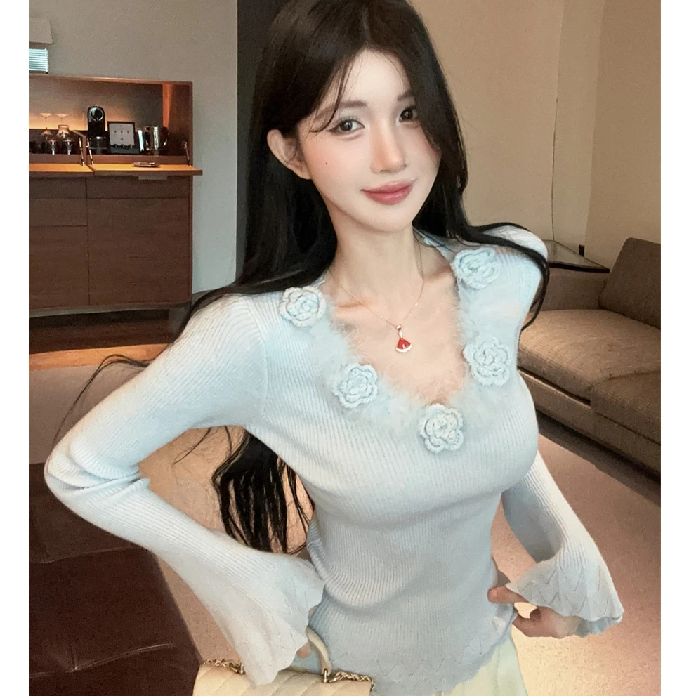 设计感立体花朵拼接毛衣百搭小众法式修身显瘦毛毛V领打底针织衫