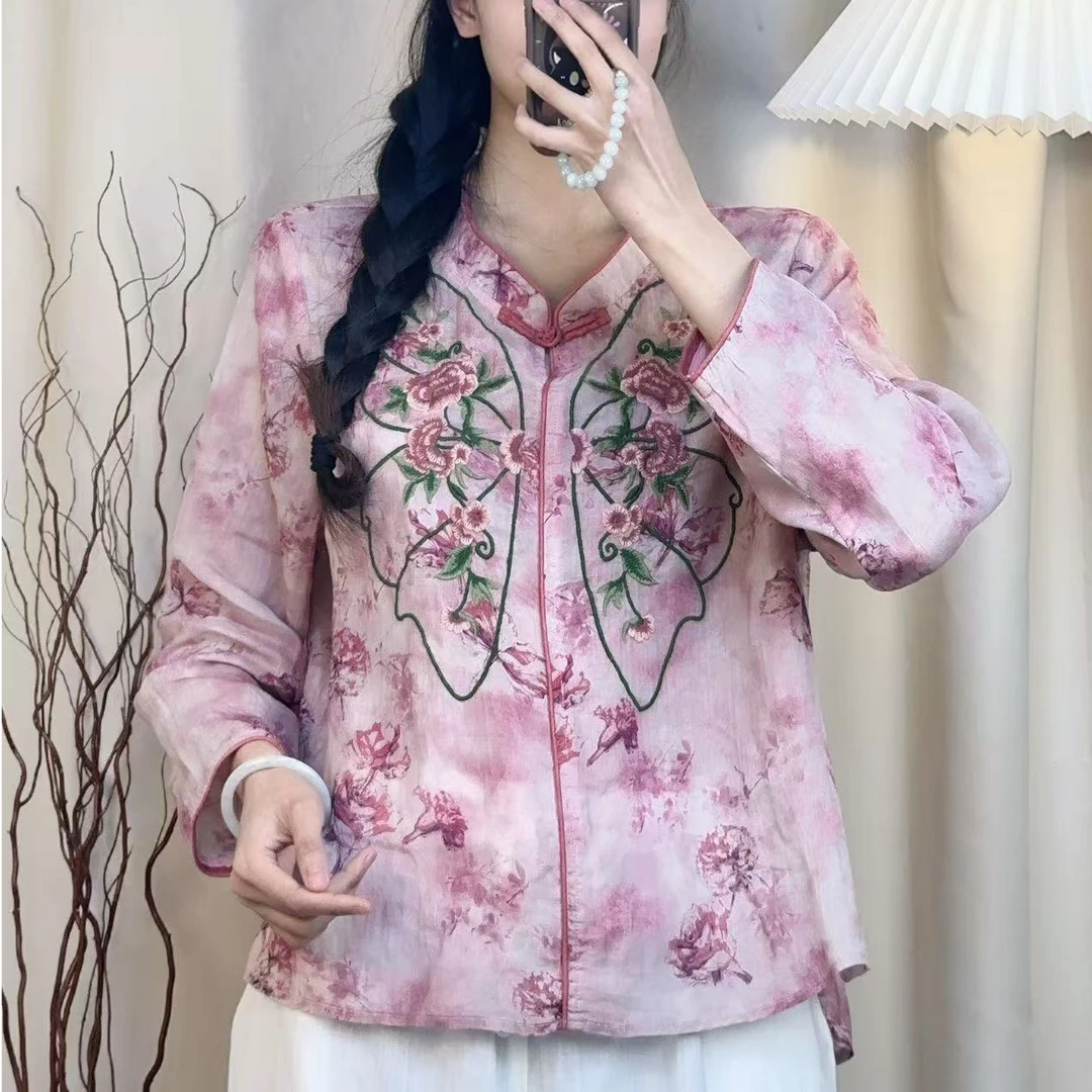 2025夏季新款女新中式复古盘扣重工刺绣九分袖衬衫印花苎麻上衣