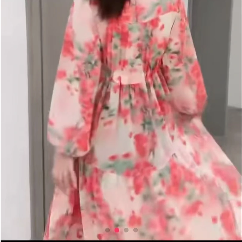 2025年新款时尚气质长款长裙优雅纱料长袖抽腰款大码连衣裙