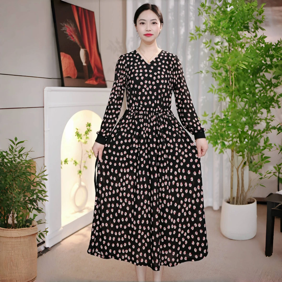 连衣裙弹力秋季碎花印花新款时尚妈妈显瘦气质长袖裙子减龄61628H