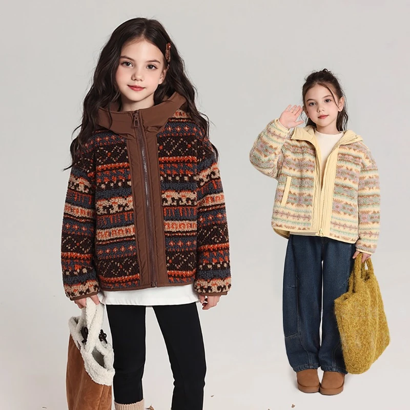 女童夹棉毛毛衣秋冬2025新款加绒加厚提花二棉棉服打底裤外套保暖