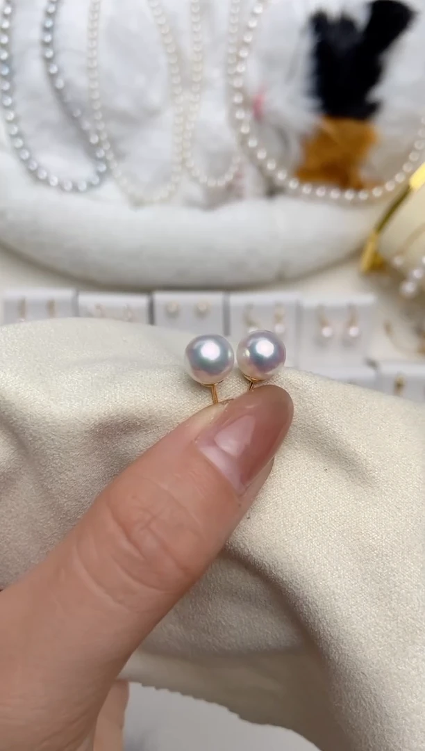 【闪购商品】海水珍珠耳钉18K金镶嵌7.5-8mm耳钉天女福利
