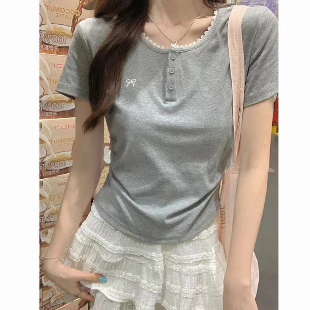 短袖蝴蝶结褶皱显瘦蝴蝶蕾丝T恤小众圆领休闲纯欲风不规则