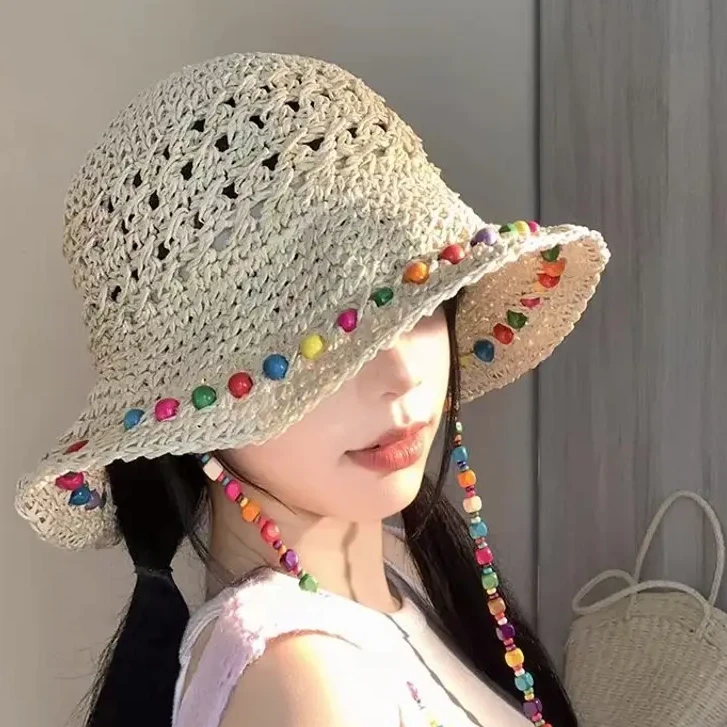 沫禾风彩色木珠草编防晒帽子女夏2025新款百搭遮阳大檐草帽夏季