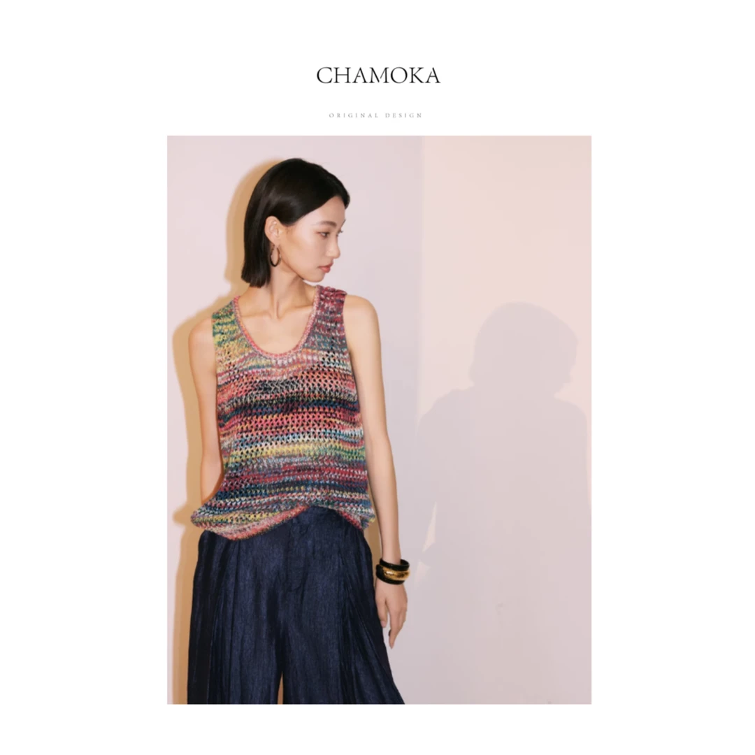 【夏莫卡】夏日凉感多巴胺镂空特制棉段染纱无袖U领针织上衣L995