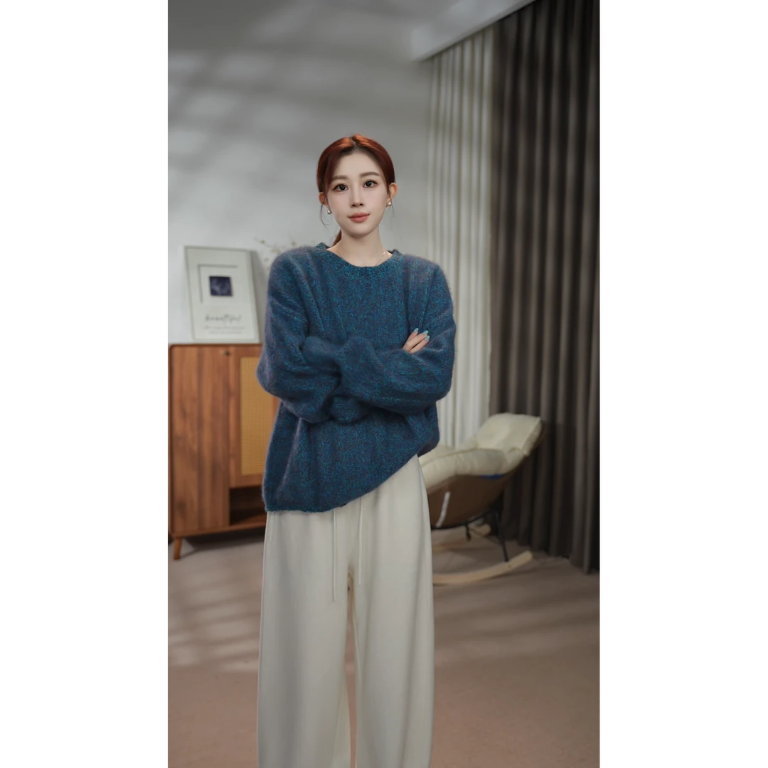 XIYUE 慵懒风花纱圆领套头秋冬新款宽松显瘦百搭时尚针织上衣
