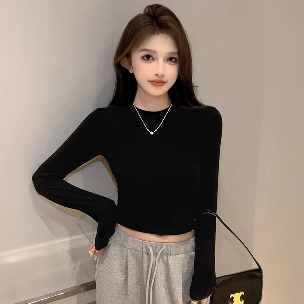 加厚薄绒打底衫女长袖秋冬季辣妹短款小众上衣设计感露脐修身高腰