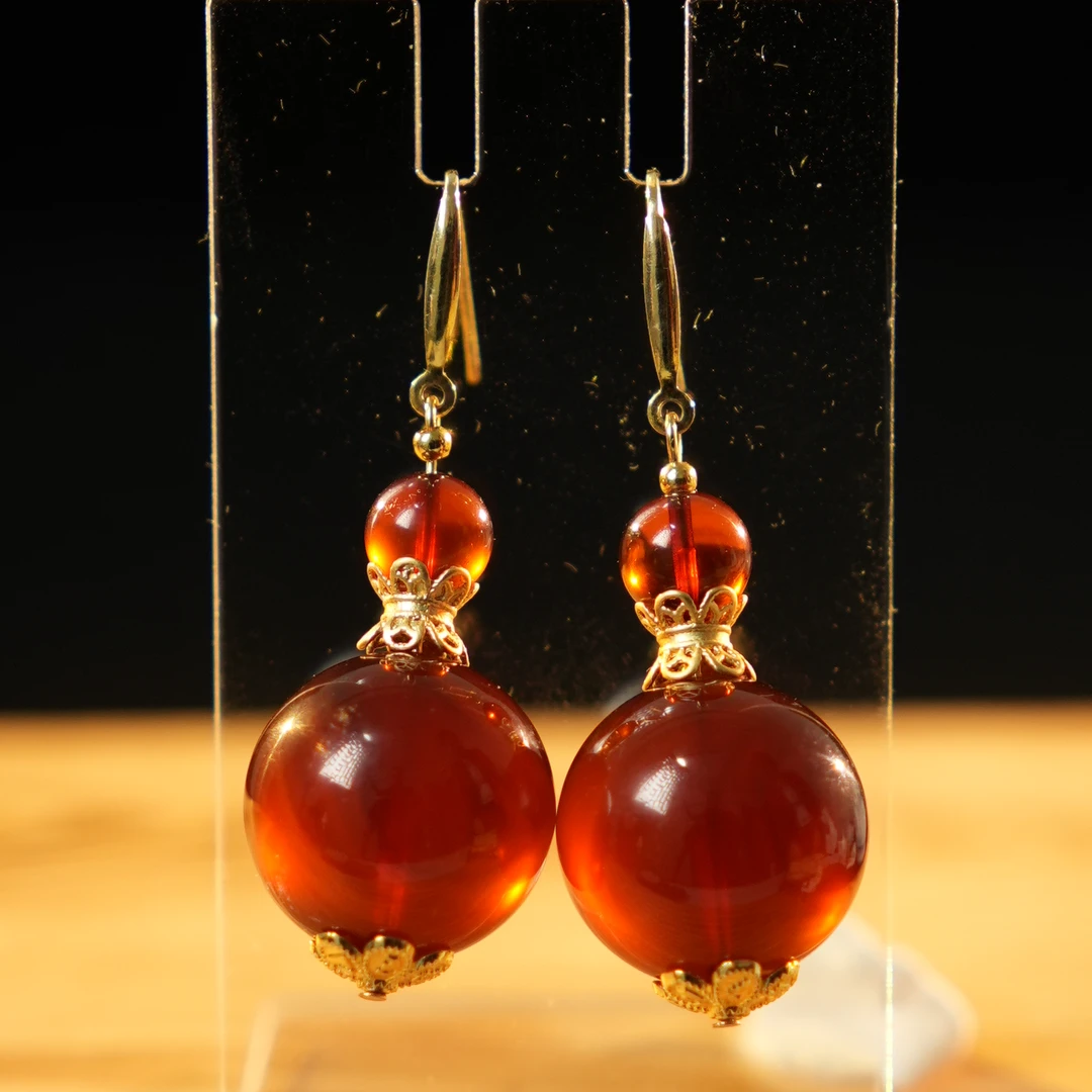 19+葫芦耳坠天然琥珀蜜蜡复古民族风镶嵌气质耳勾百搭长